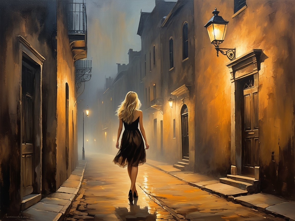 Woman in Black Dress on Misty Cobblestone Street