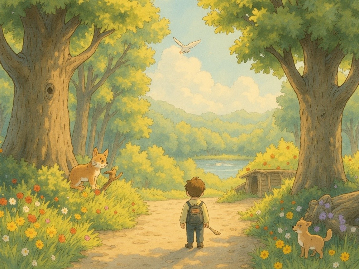 Young boy at a vibrant pathway with animals and lake