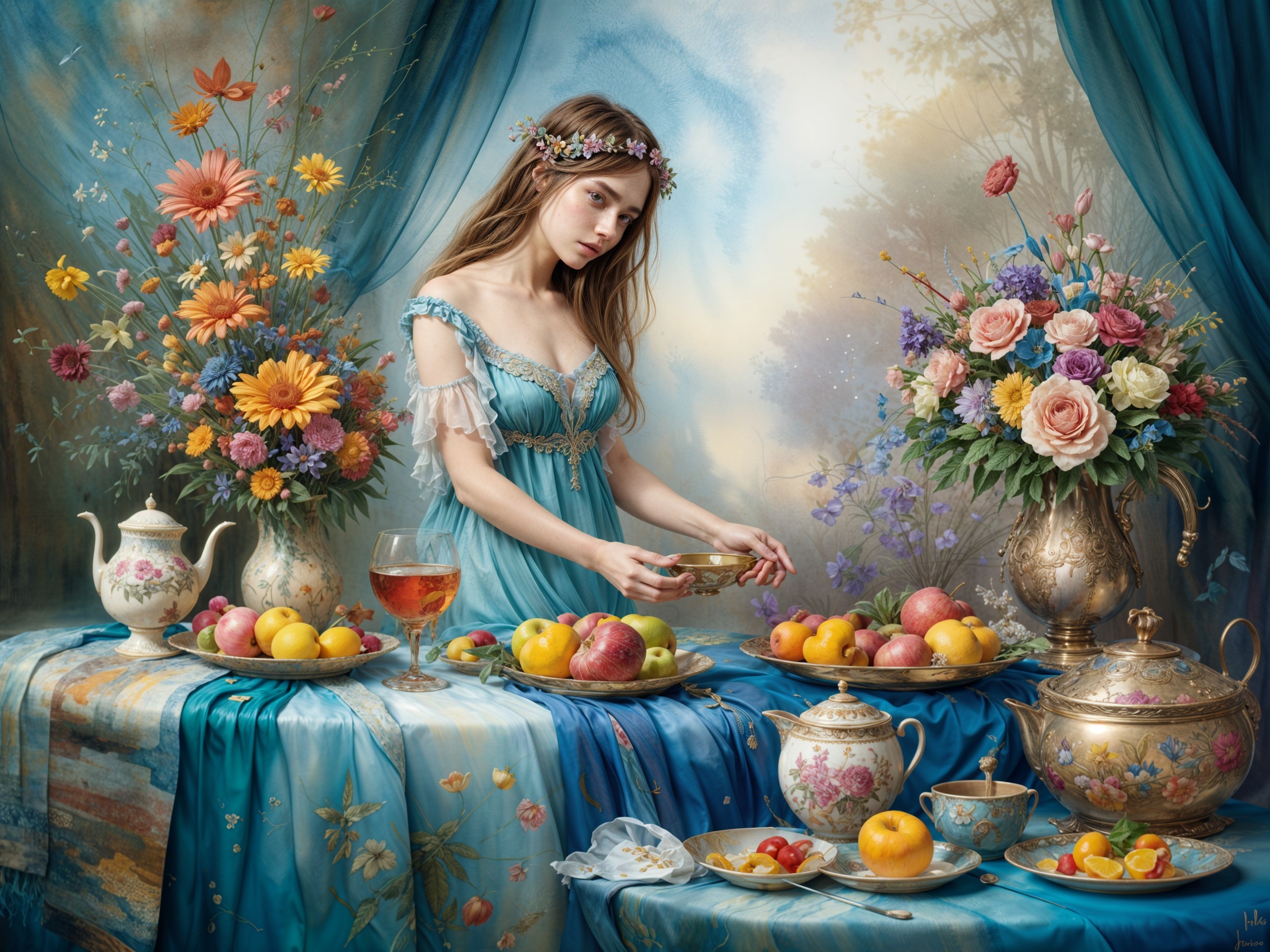 Young woman in blue gown at a lavish table setting