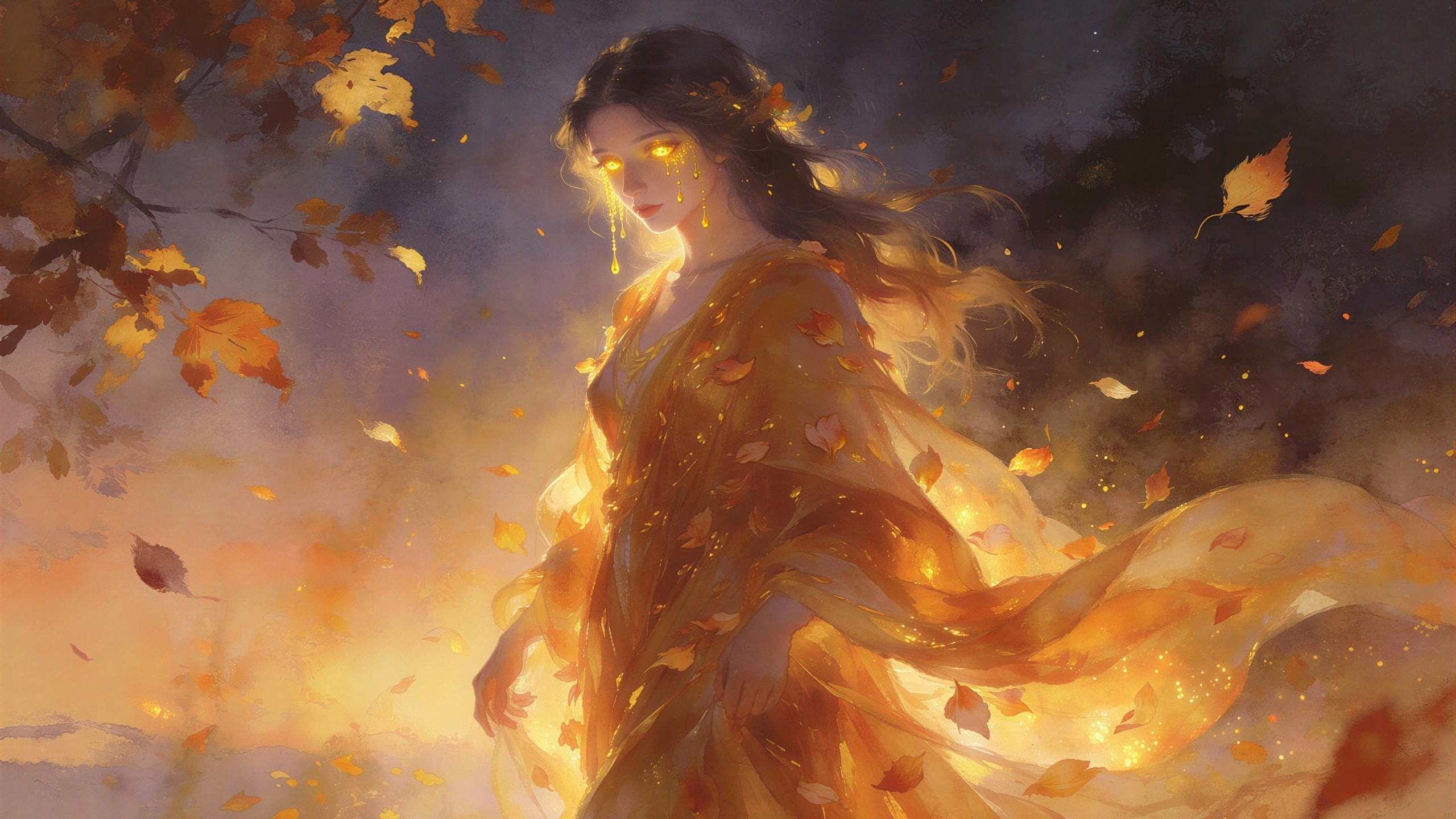 Digital Painting of a Woman in Golden Autumn Theme