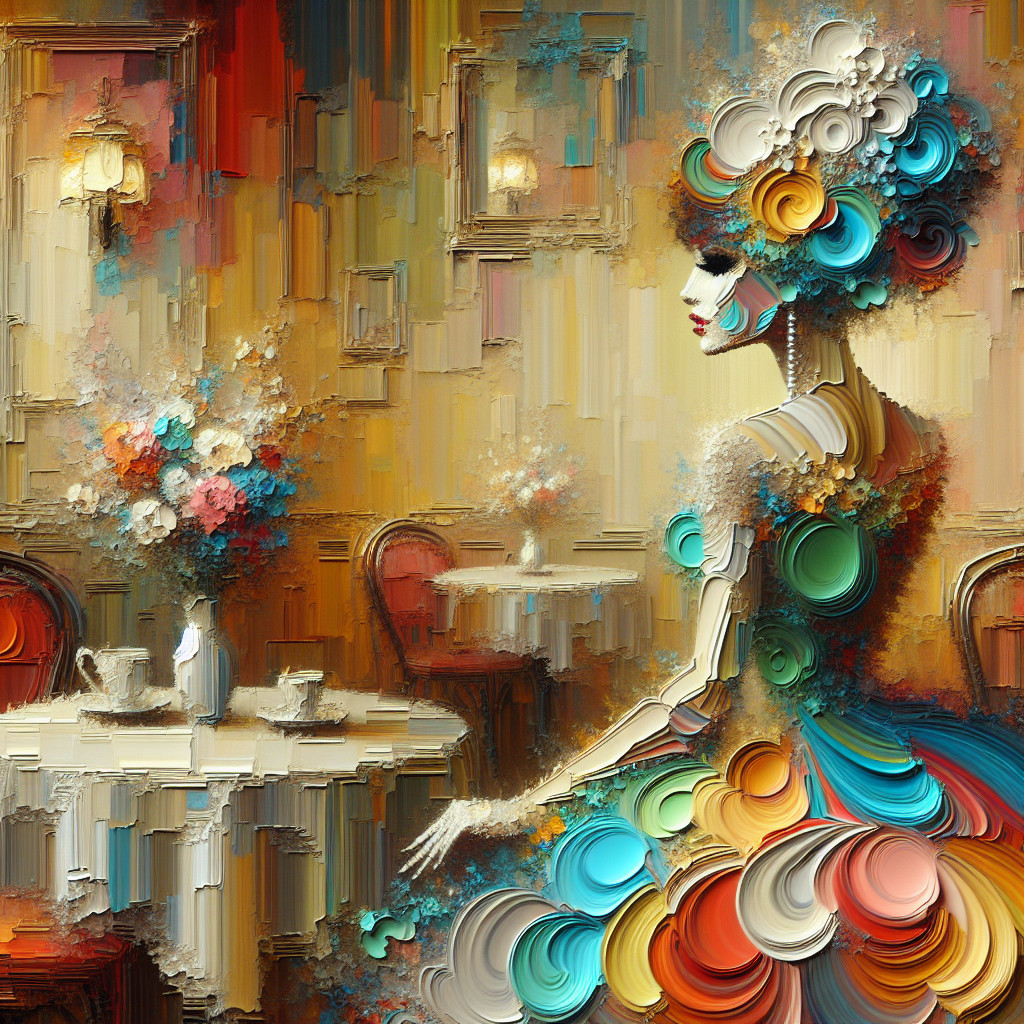 Cubist Painting of Woman in Colorful Cafe Setting