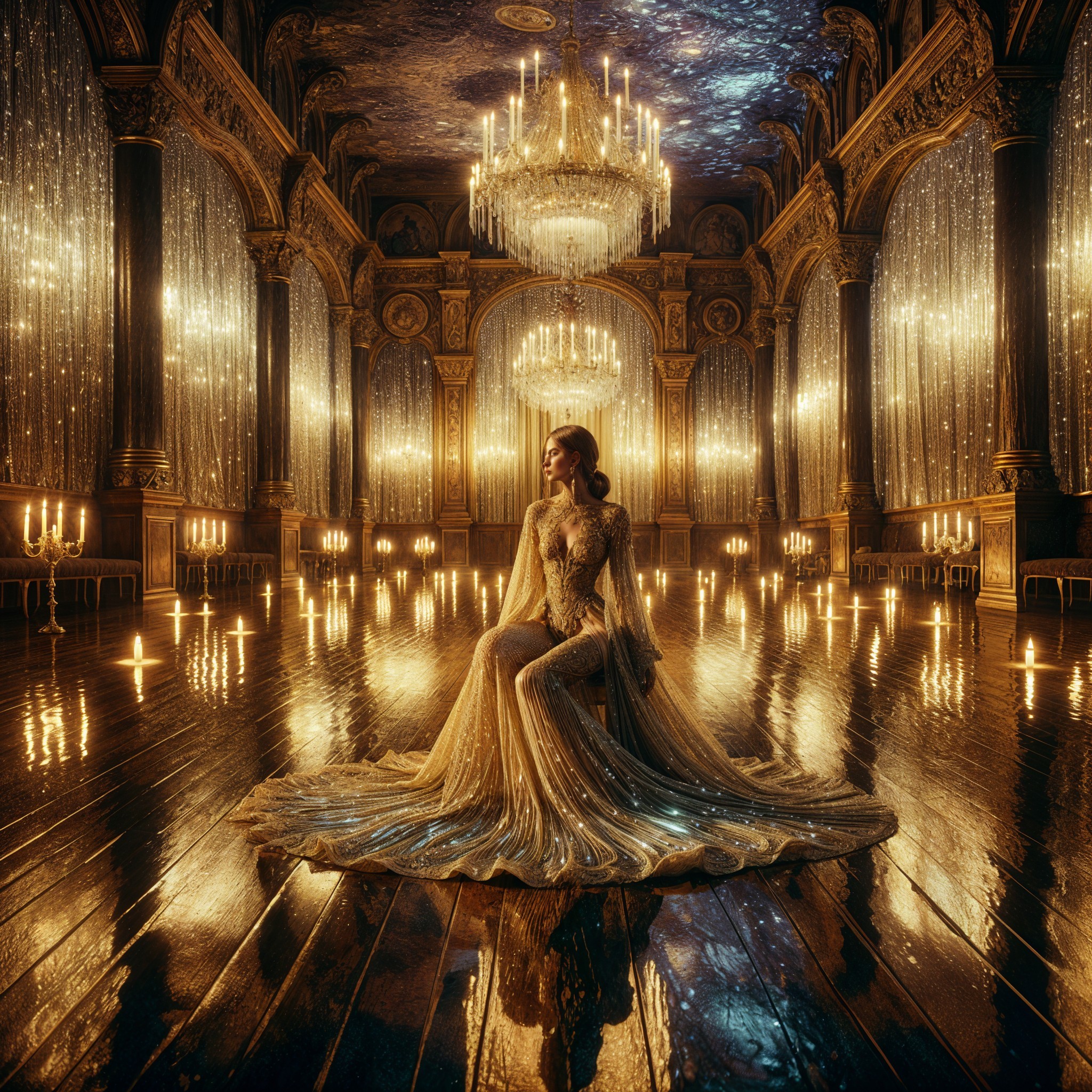 Elegant Woman in Sparkly Dress in Ornate Ballroom