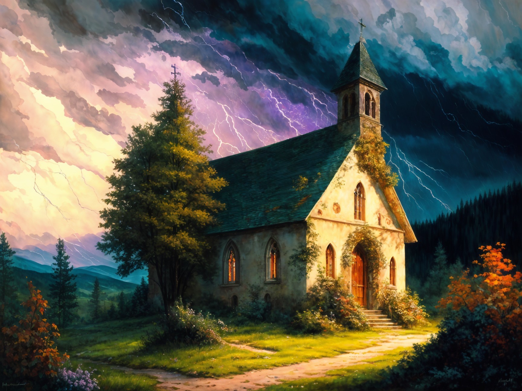 Church in Dramatic Landscape with Stormy Skies