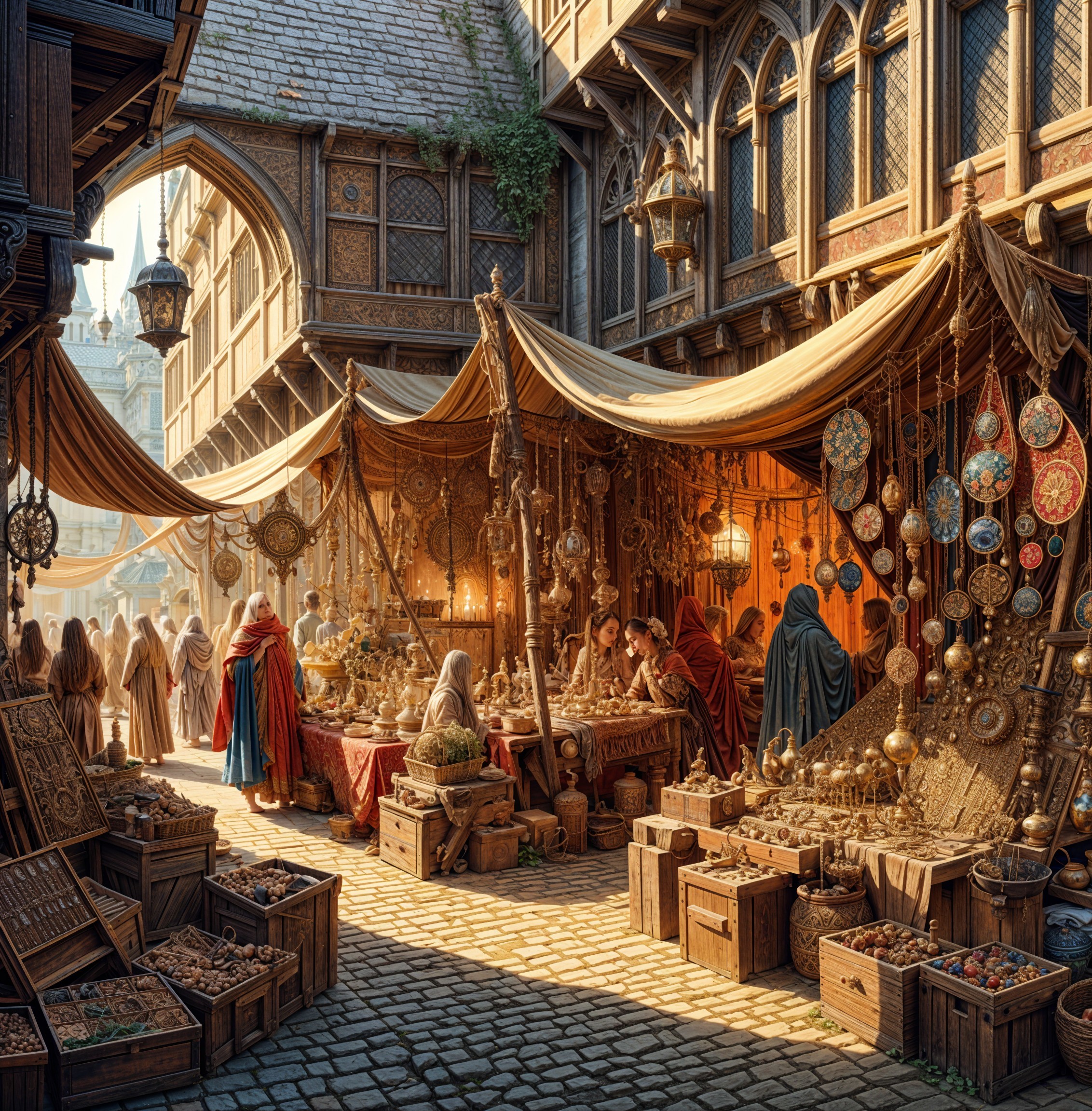 Medieval Marketplace with Colorful Stalls and Goods