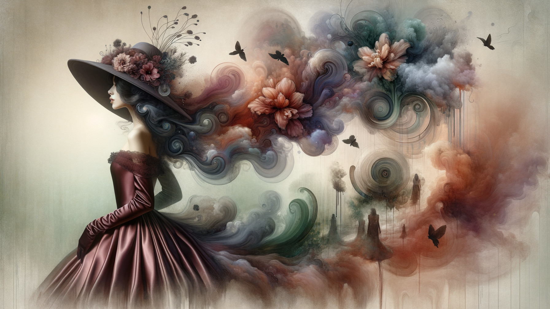 Mysterious figure in elegant dress with floral hat