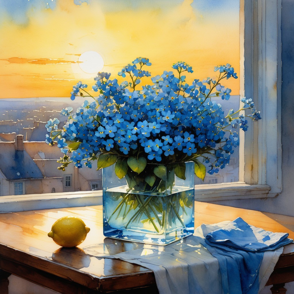 Vibrant Watercolor of Flowers and Lemon at Sunset
