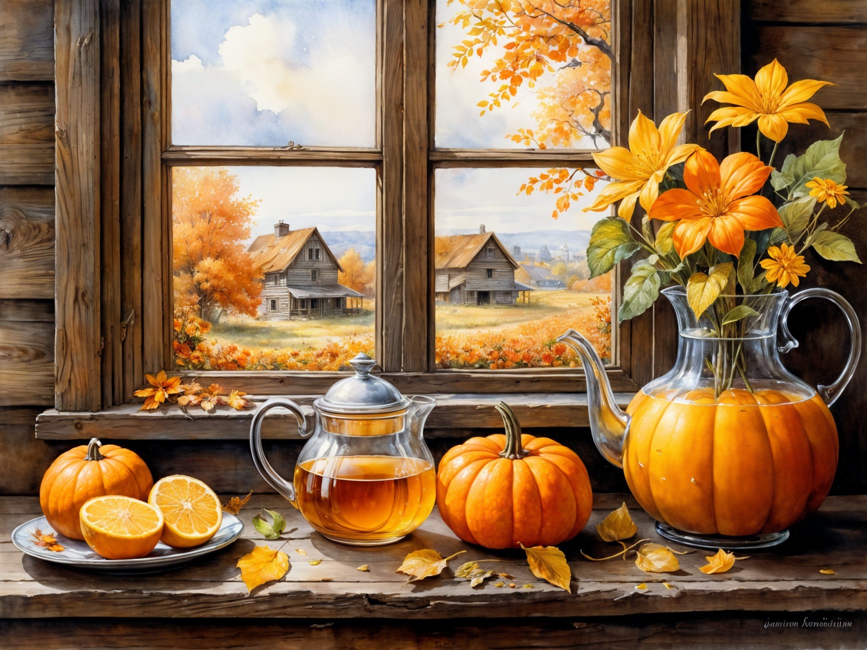 Cozy Autumn Scene with Foliage and Teapot Display