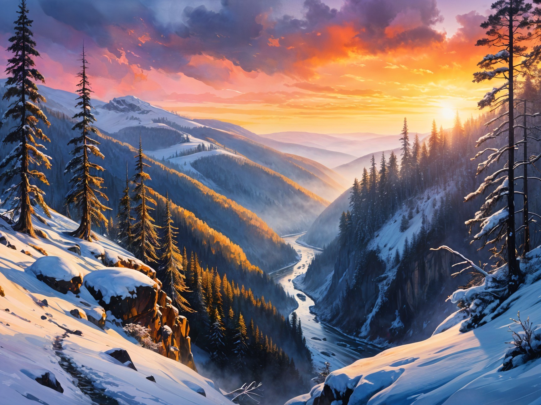 Winter Landscape at Sunset with Majestic Mountains
