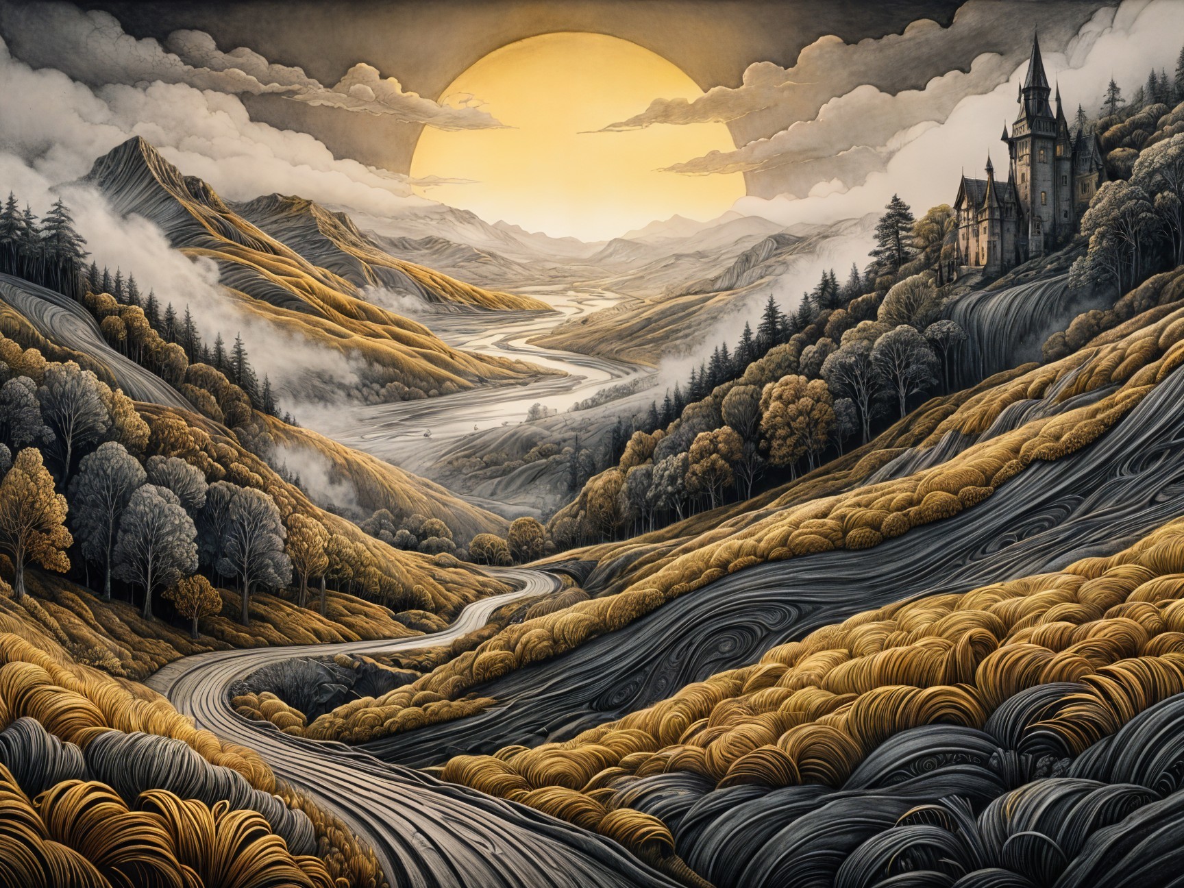 Rolling Hills and Castle Landscape Under Golden Sun
