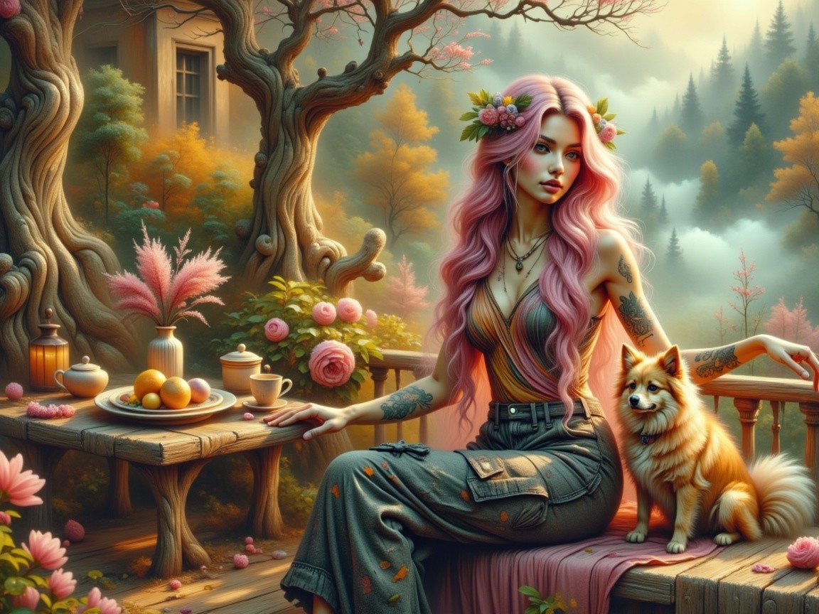 Woman with Pink Hair in Serene Forest Setting