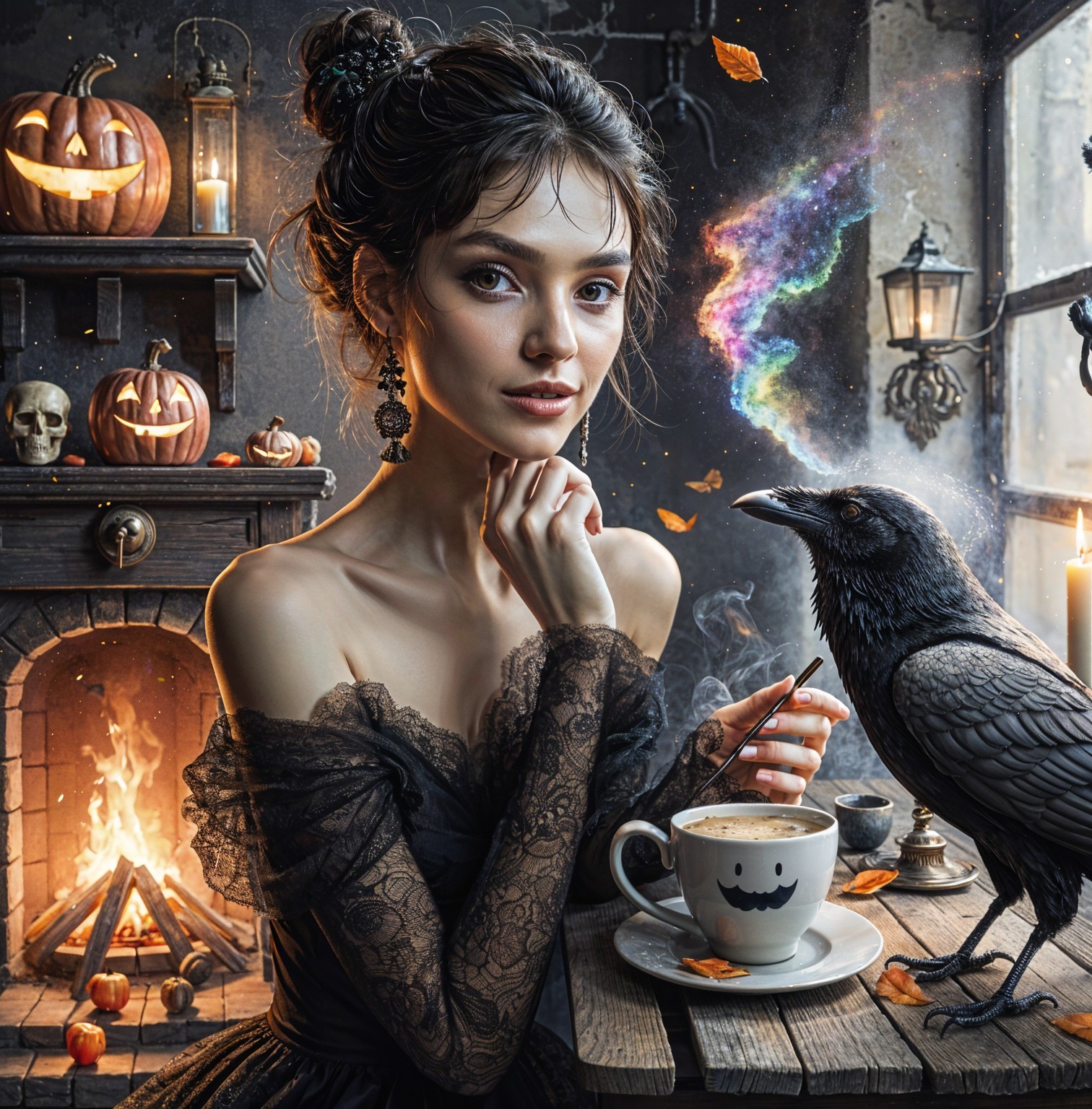 Cozy Autumn Scene with Vintage Woman and Raven
