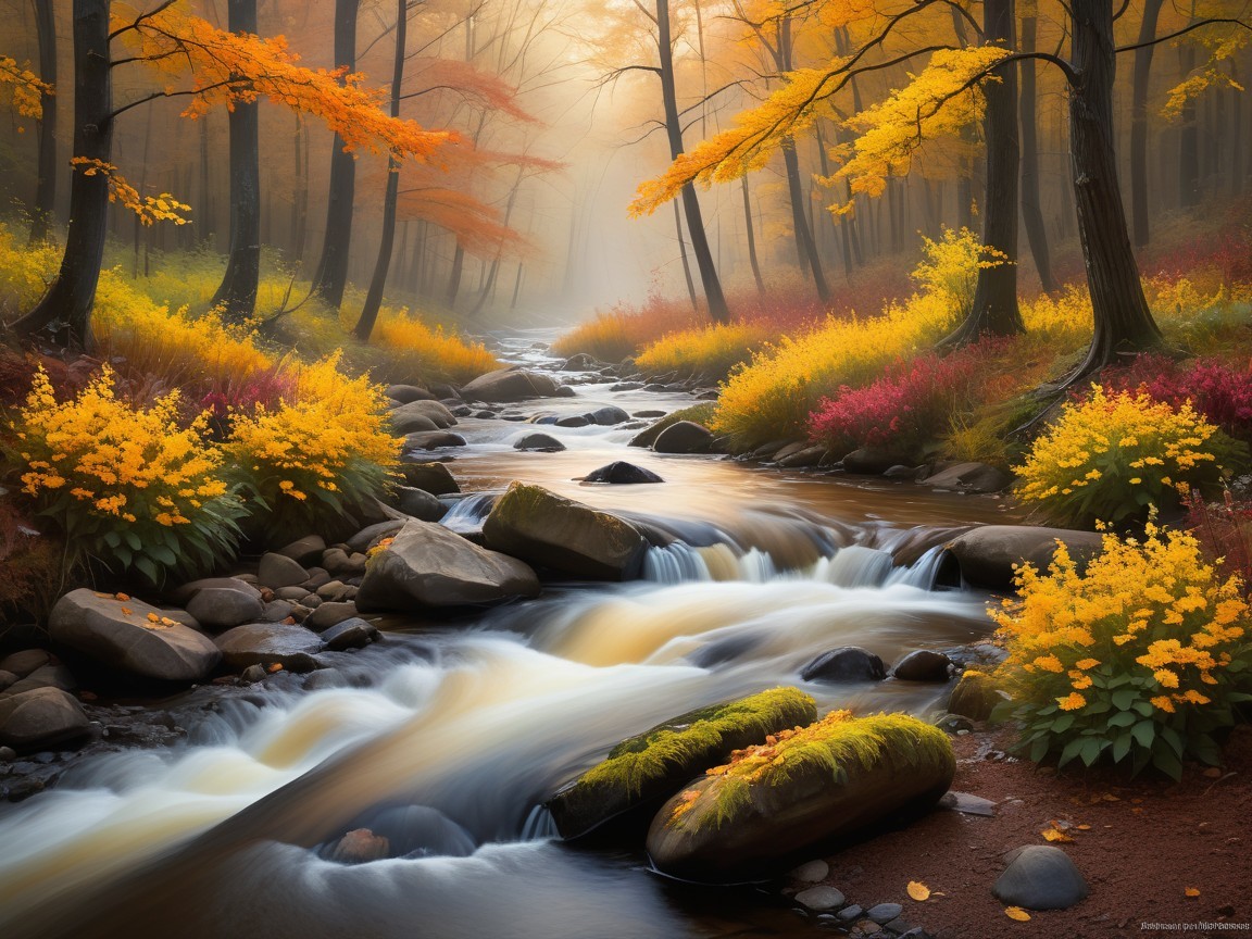 Serene Autumn Landscape with Gentle Stream and Mist