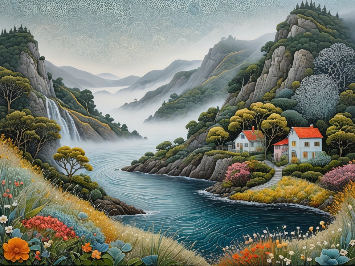 Serene Landscape with River and Majestic Mountains