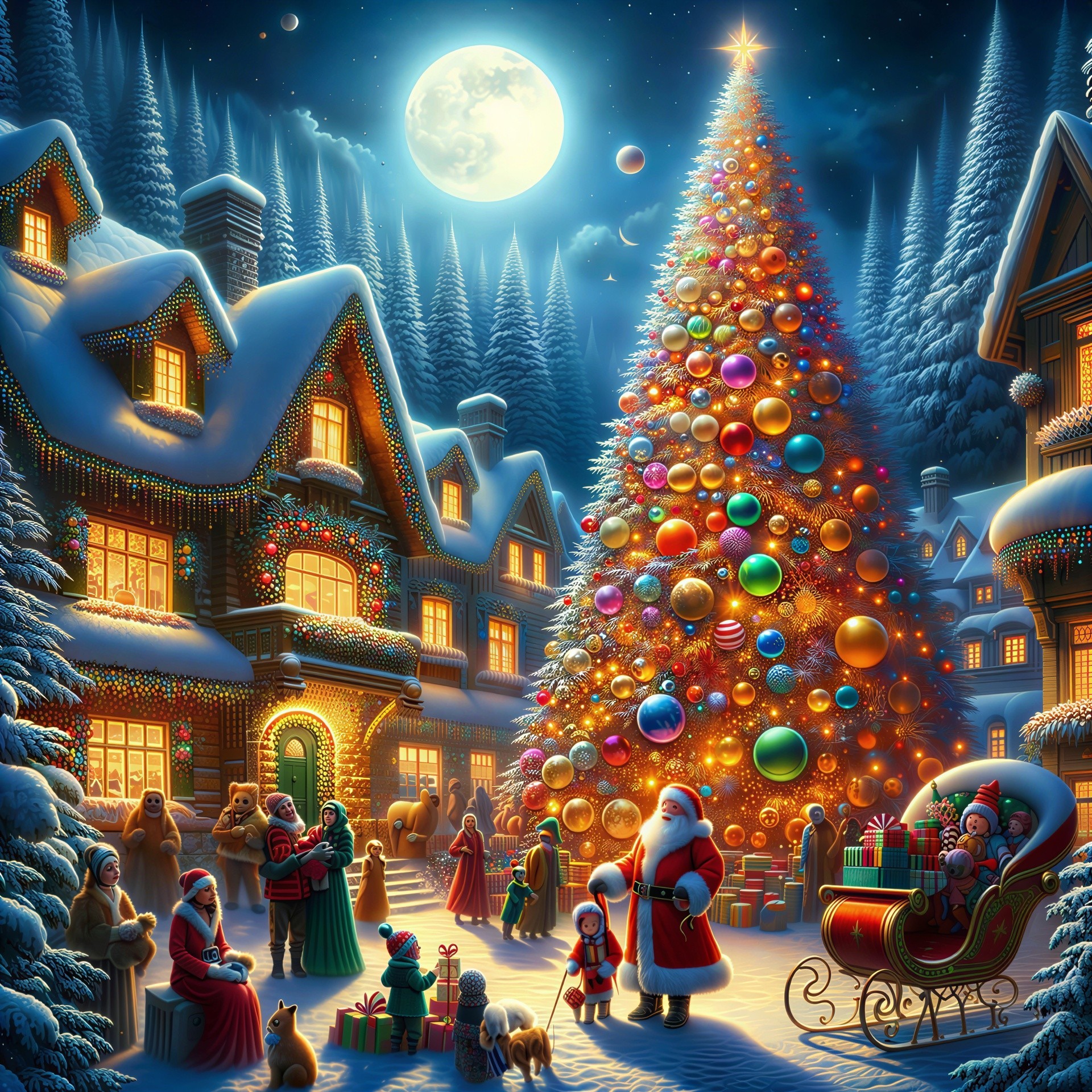 Festive Winter Night Scene of a Christmas Village