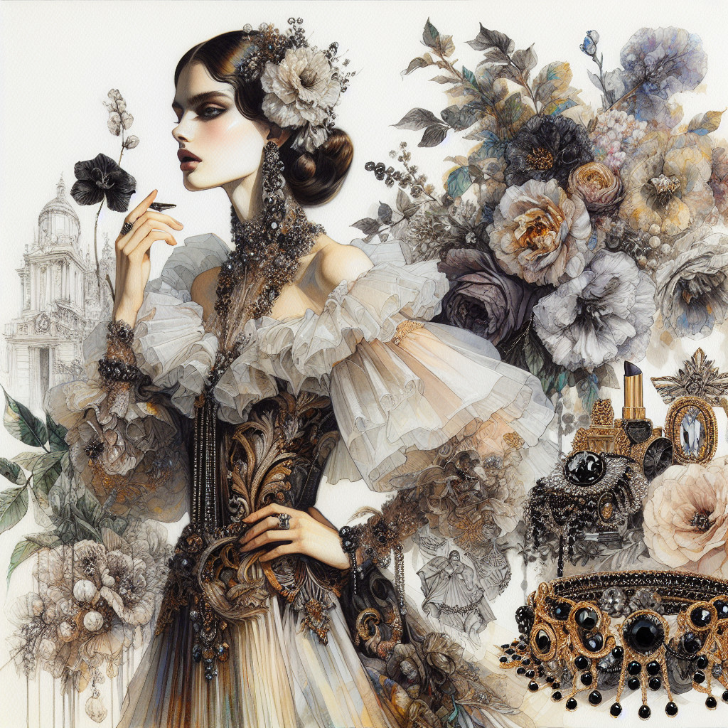 Glamorous Fashion Illustration with Ruffled Gown and Jewelry