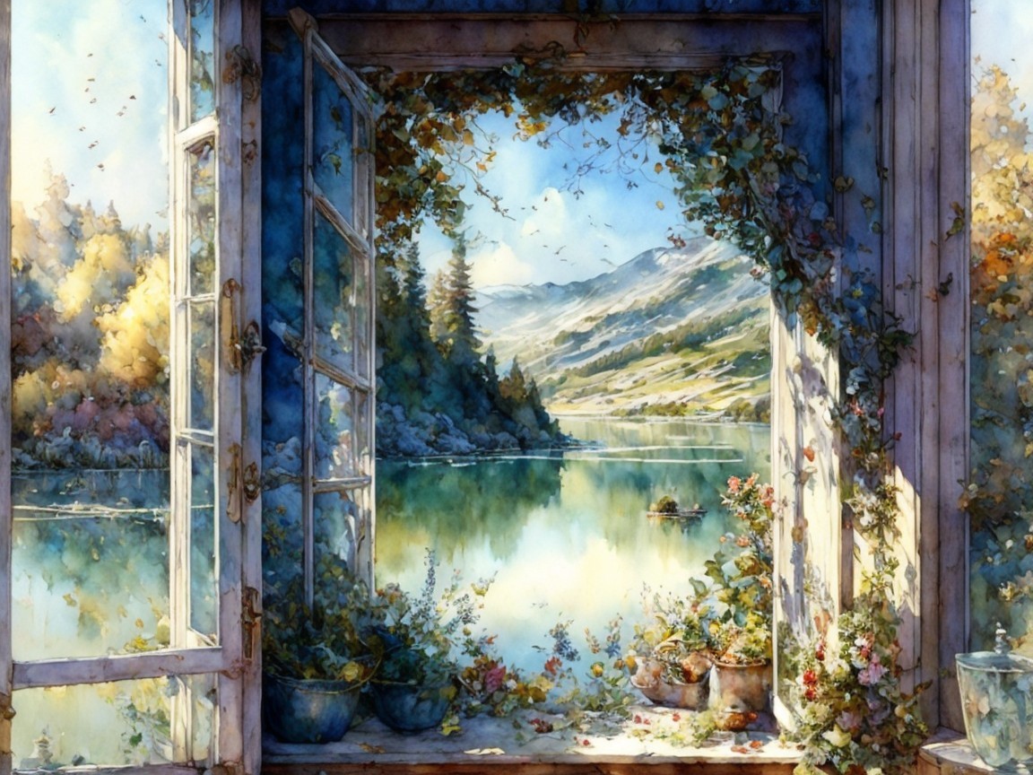 Tranquil Lake View Through Open Window with Flowers
