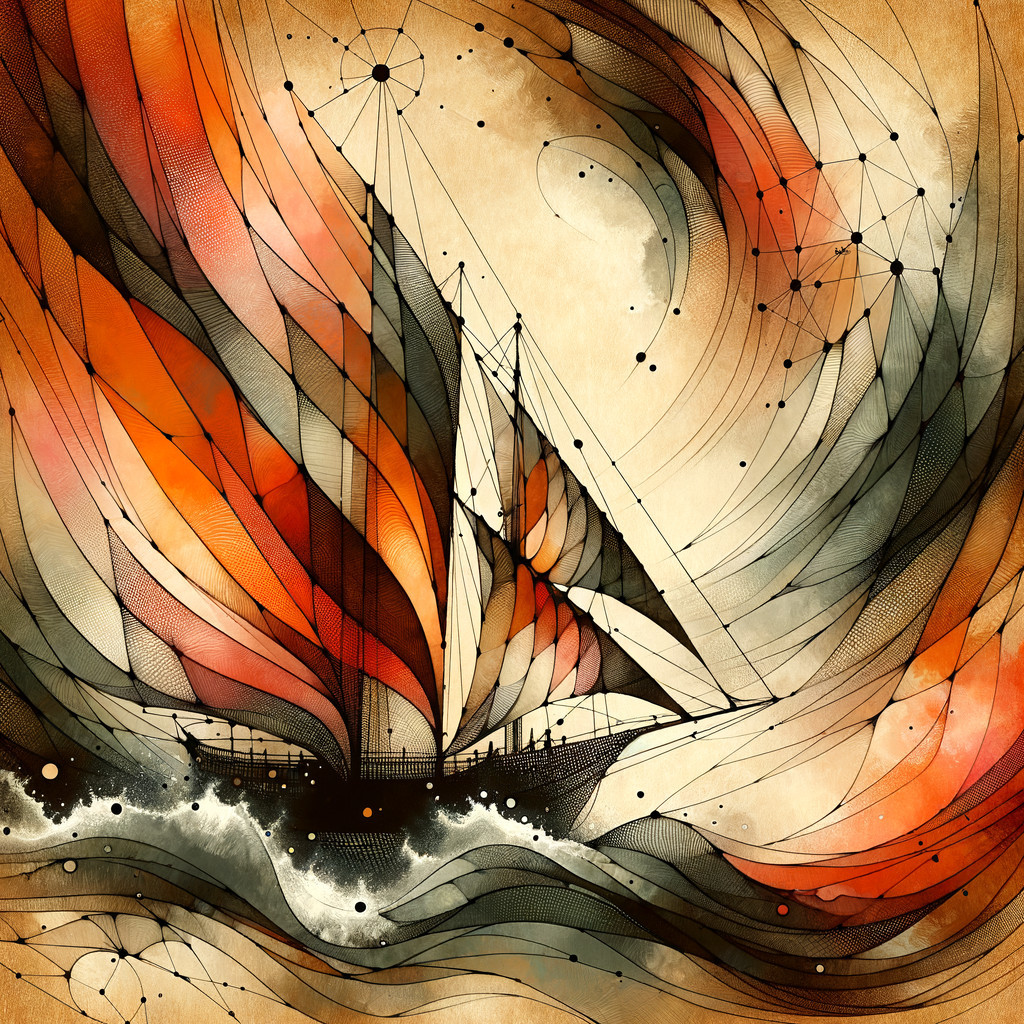 Vibrant Sailing Ship Illustration with Abstract Waves