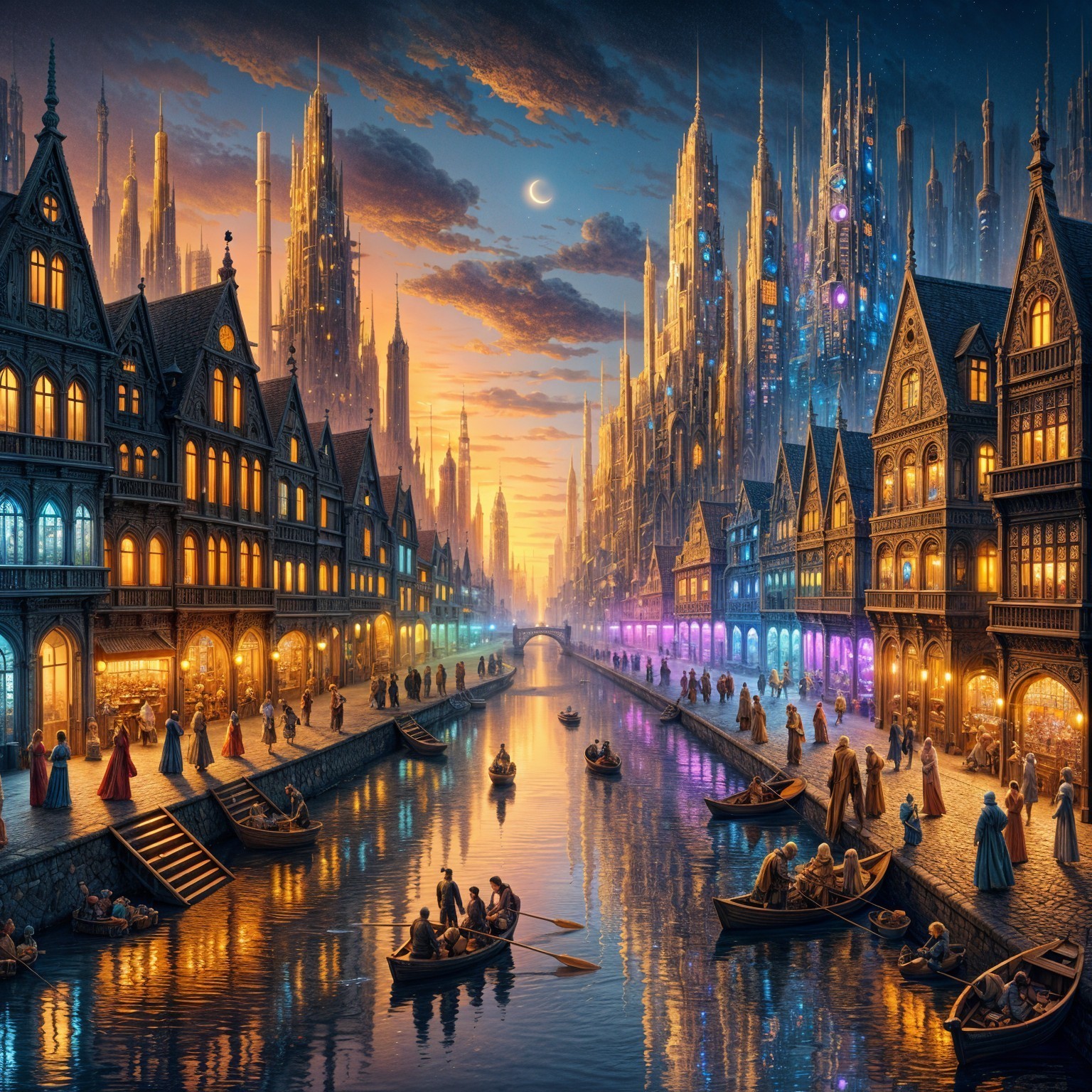 Vibrant Cityscape of Medieval and Futuristic Elements