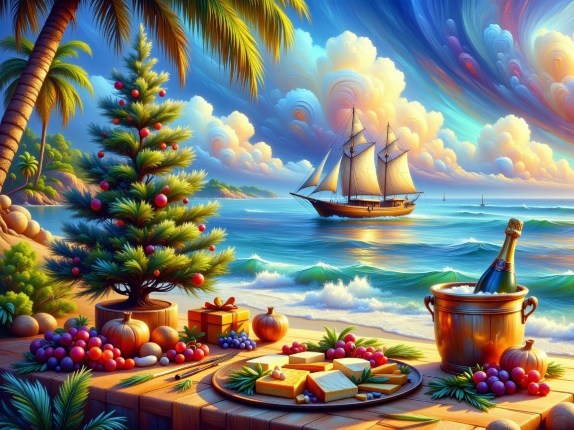 Tropical Beach Sunset with Christmas Decor and Ship