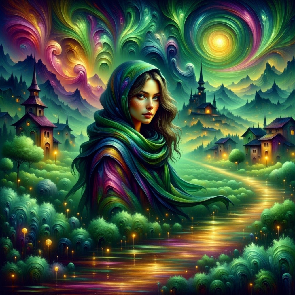 Surreal Landscape with Cloaked Woman and Dreamy Colors
