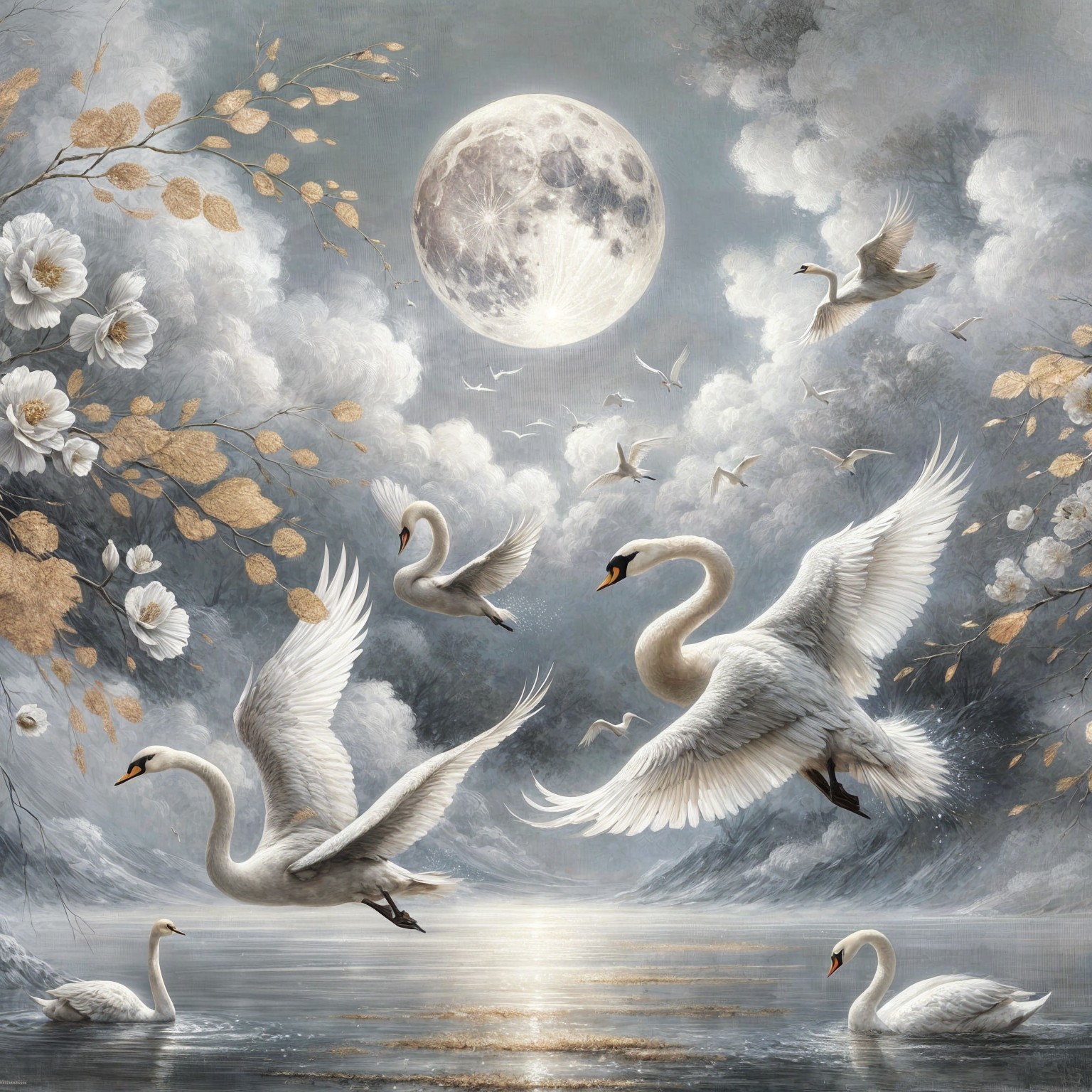 Serene Landscape with Swans and Moonlit Water