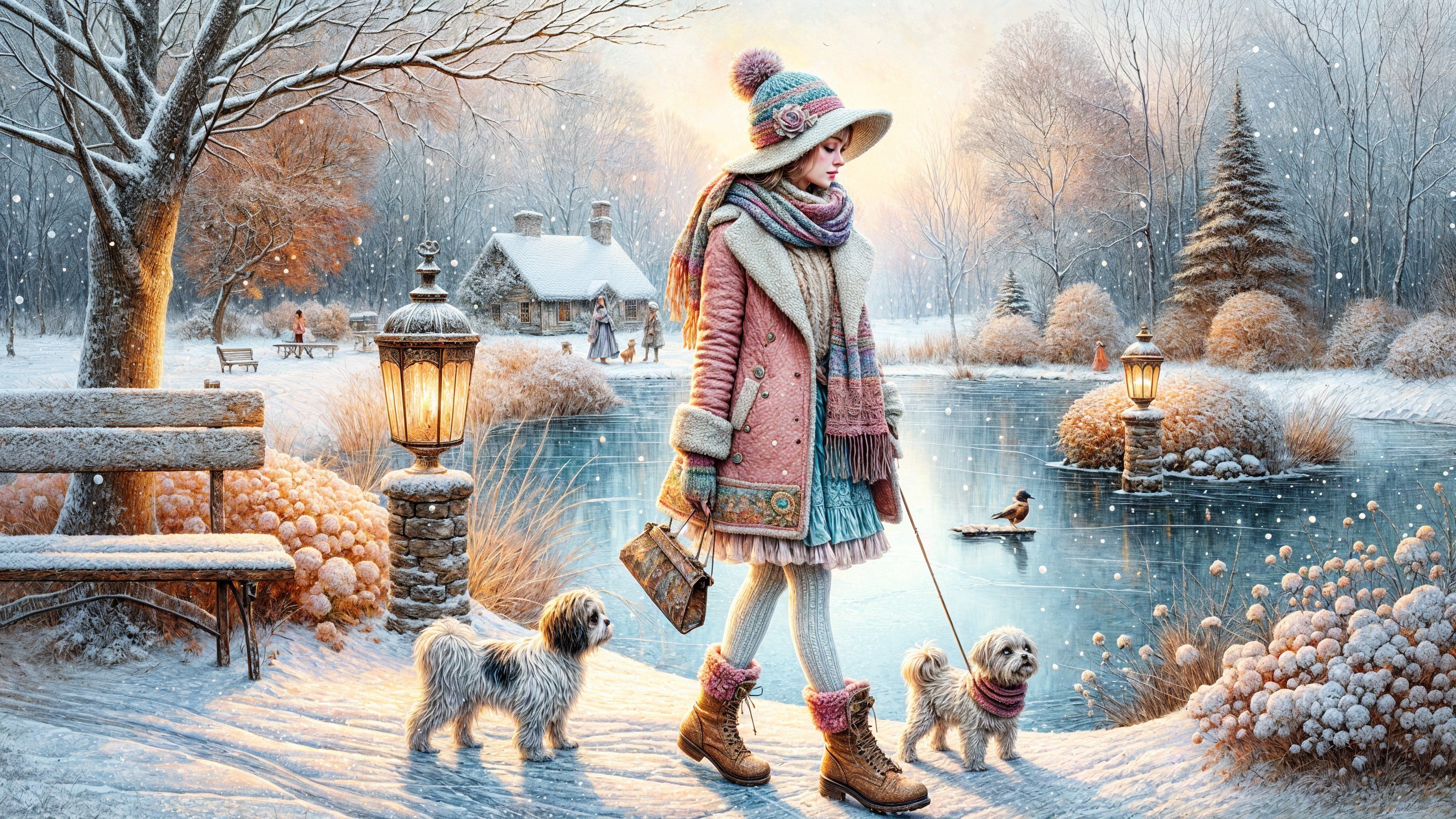 Young girl in winter outfit walks dogs in snowy scene