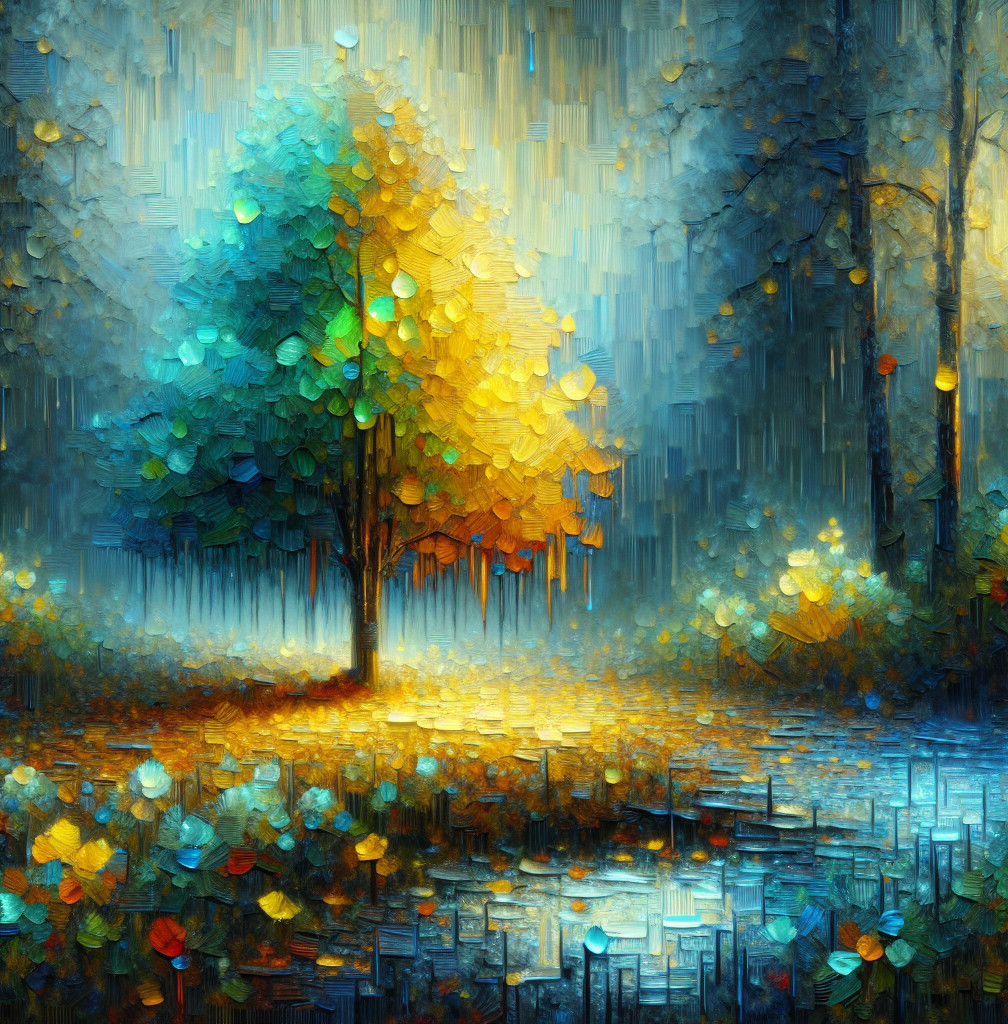 Vibrant tree in misty forest with tranquil water reflection