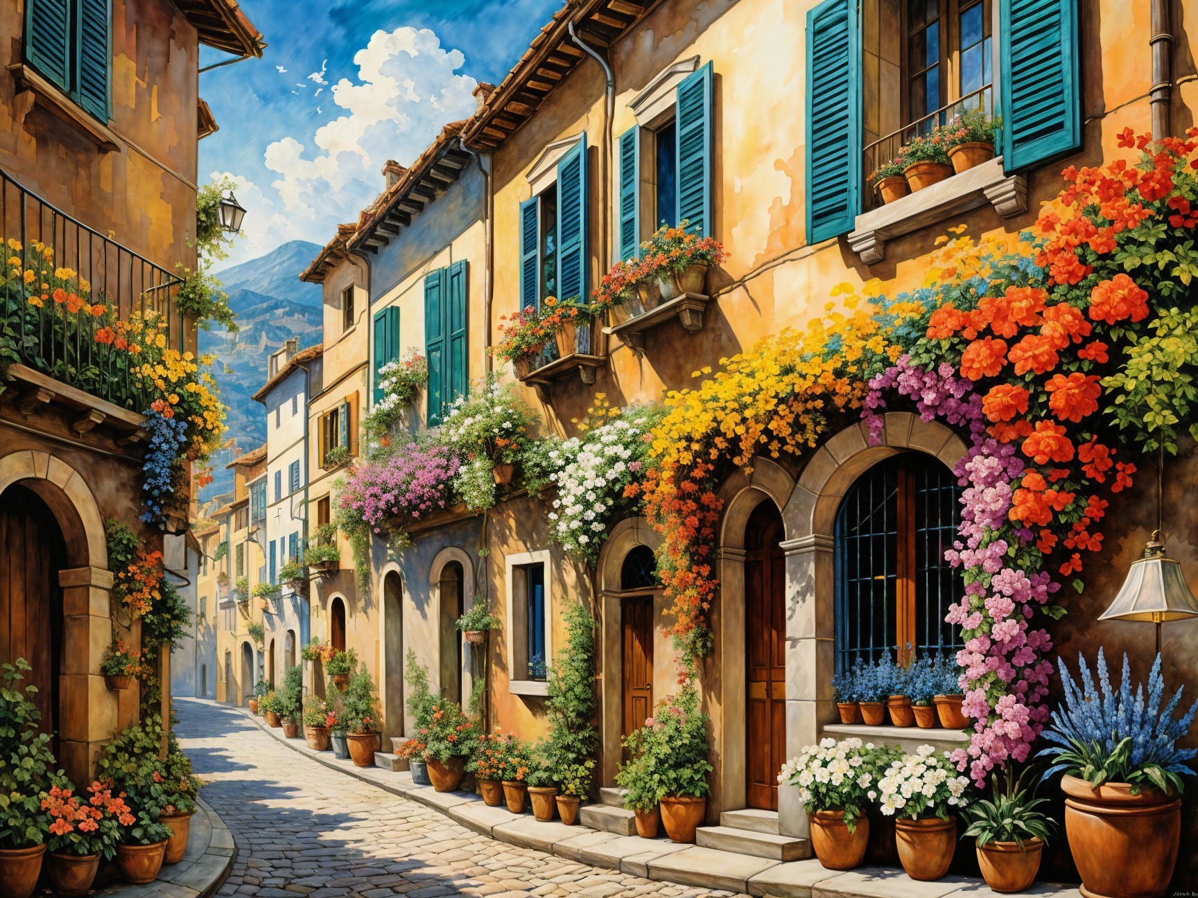 Charming Village with Cobblestone Street and Flowers