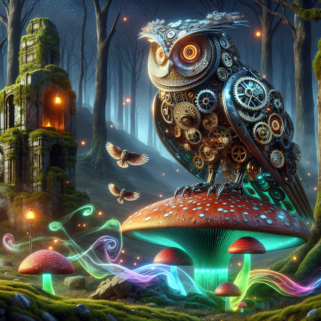 Mechanical Owl on Mushroom in Enchanted Forest