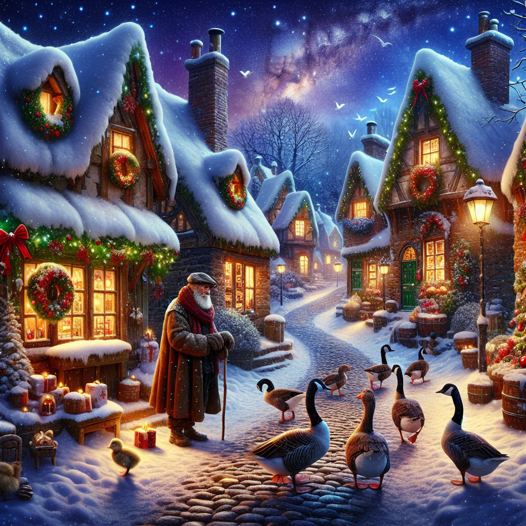 Winter Village Scene with Snow-Covered Cottages