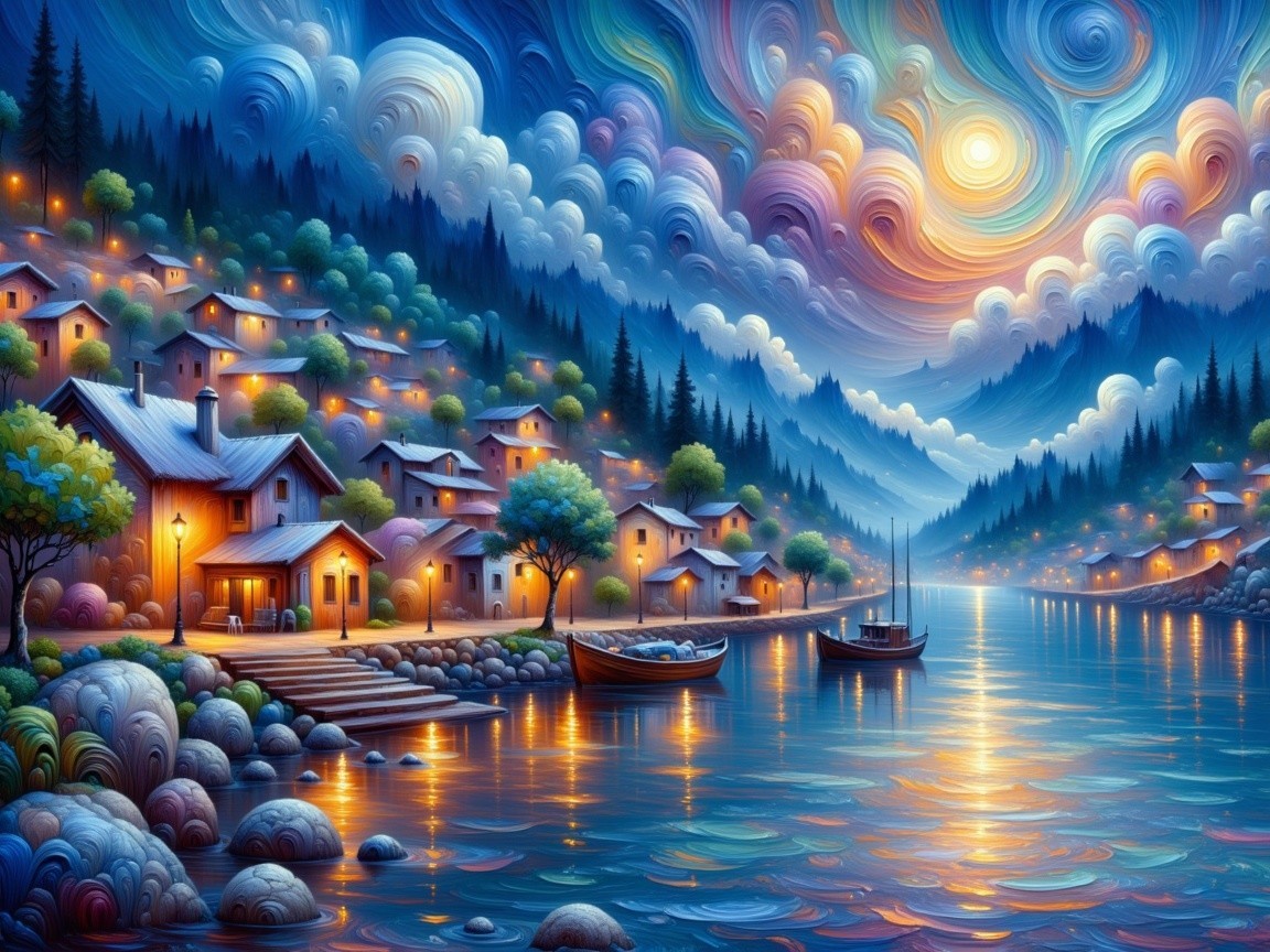 Tranquil River Landscape with Charming Houses and Mountains