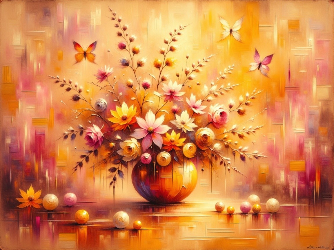 Vibrant Floral Arrangement with Butterflies and Spheres
