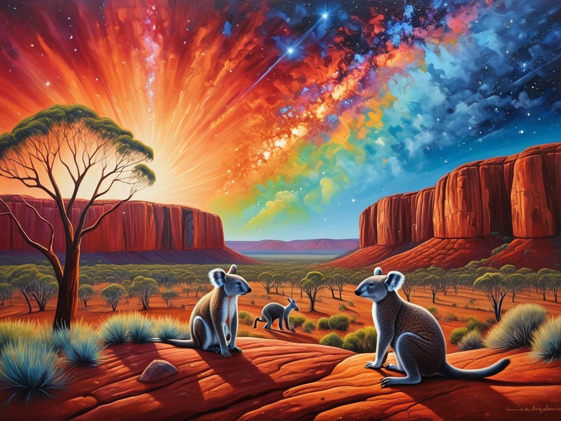Vibrant Australian Landscape with Red Rocks and Wildlife