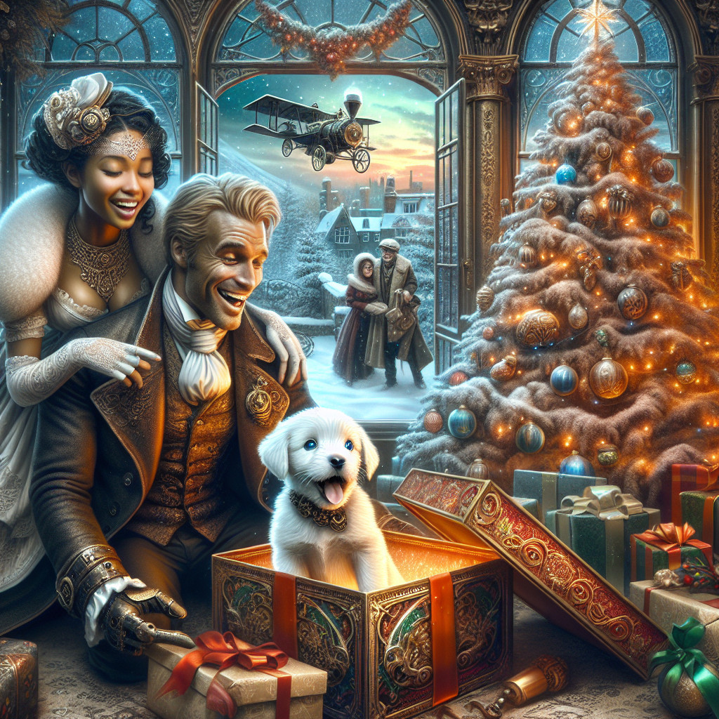 Festive Christmas Scene with Couple and Puppy
