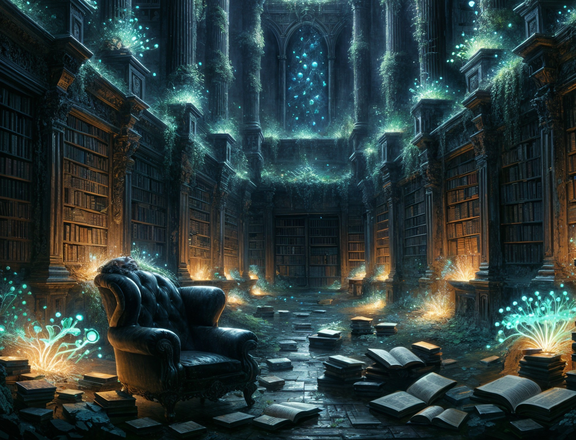 Gothic Overgrown Library with Magical Elements