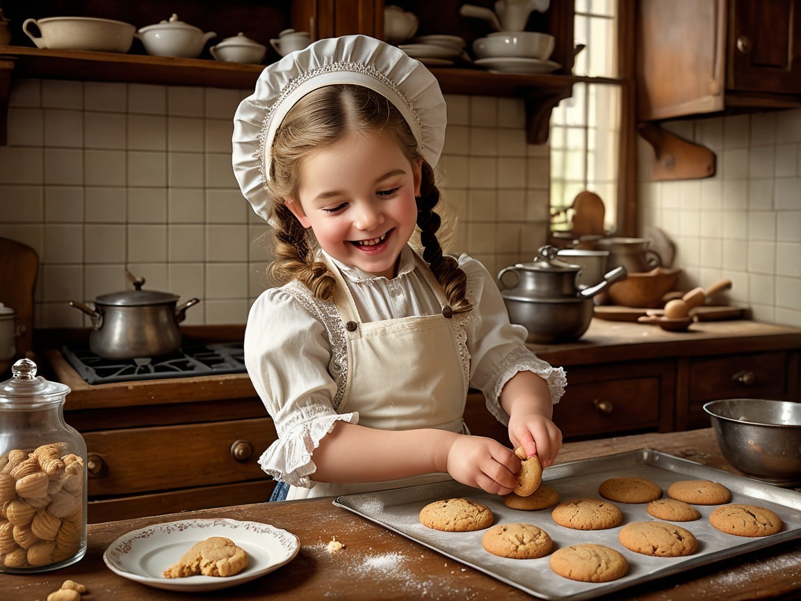 Cheerful girl baking cookies in a rustic kitchen