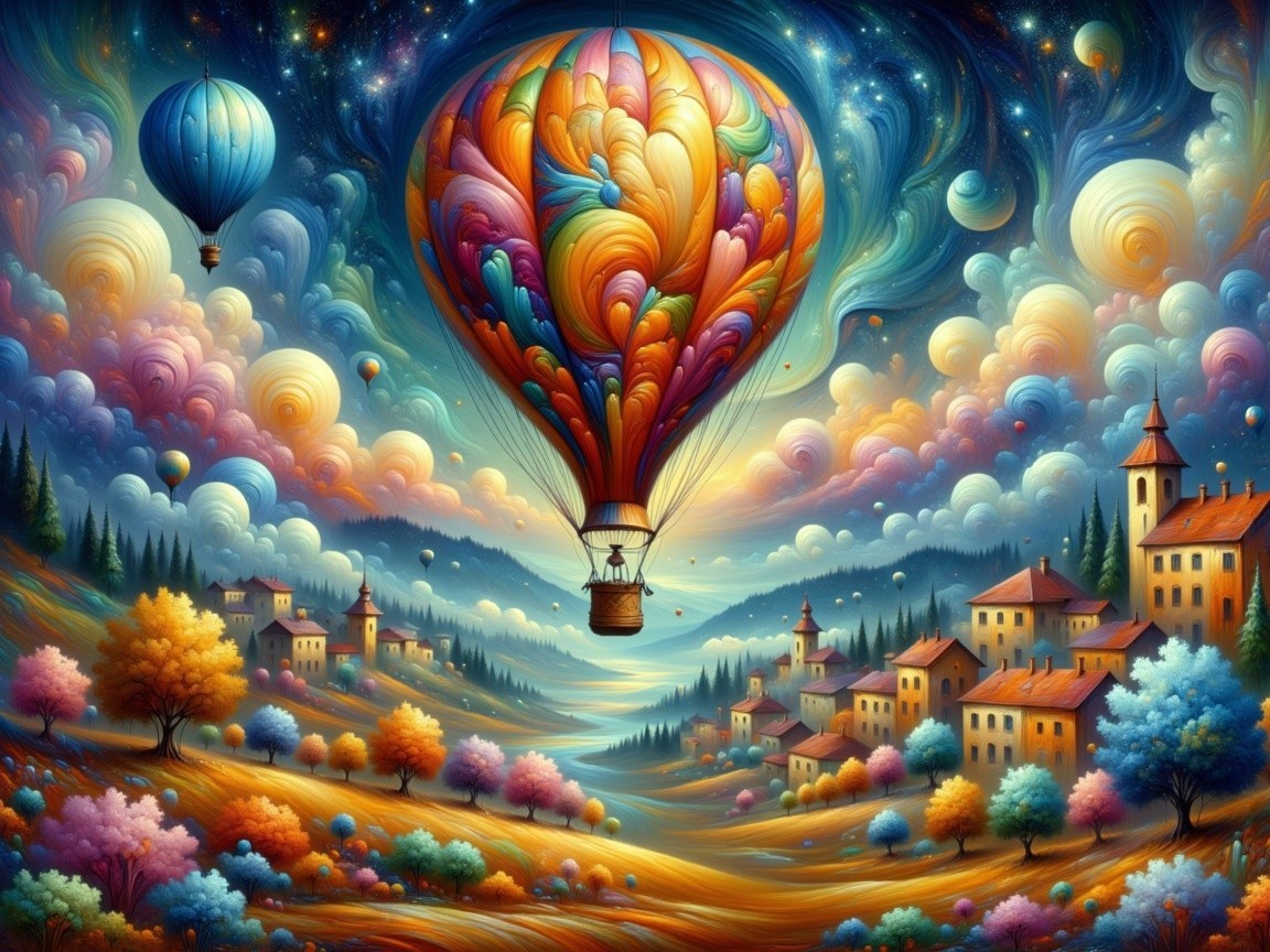 Hot Air Balloon Over Colorful Whimsical Landscape