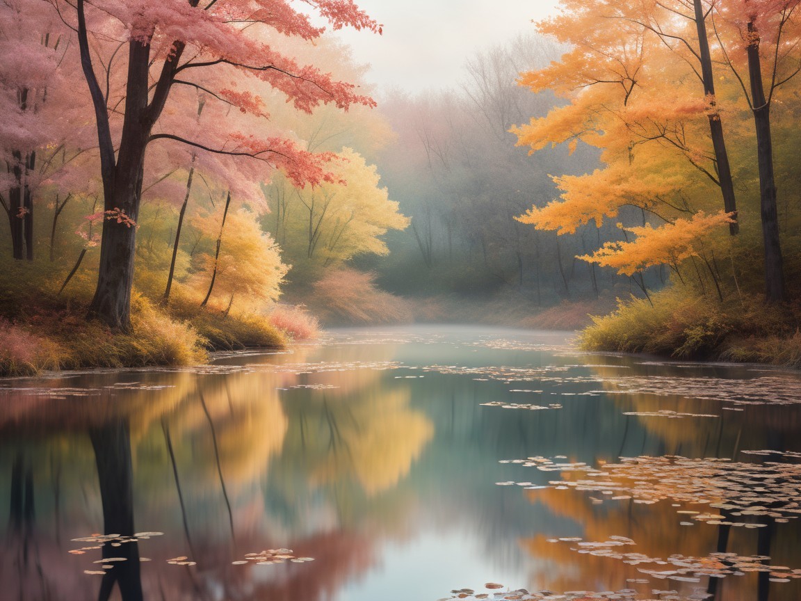Tranquil River in Autumn Landscape with Mist