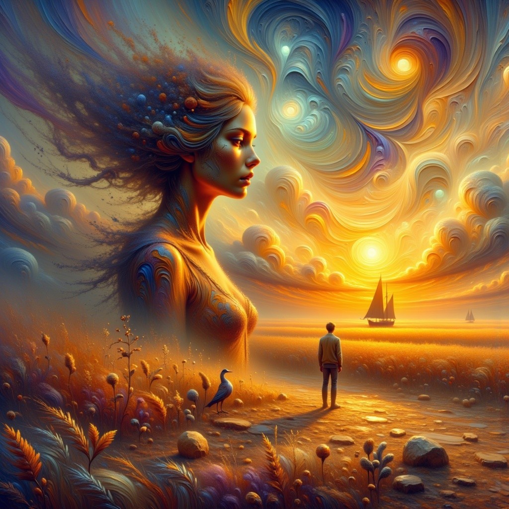 Surreal Landscape with Vibrant Sunset and Mythical Woman