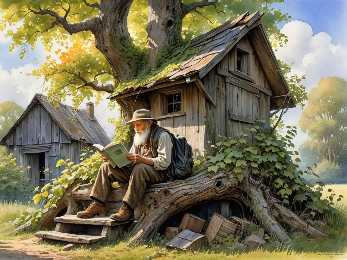 Elderly Man Reading on Steps of Rustic Hut in Nature