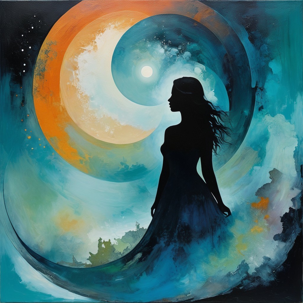 Silhouette of a Woman Against Vibrant Celestial Colors