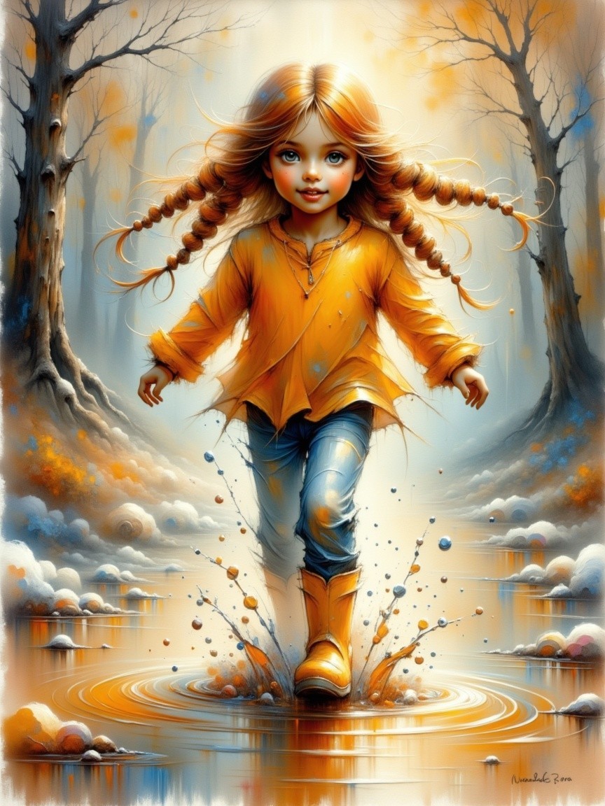 Cheerful Girl Splashing in Autumn Puddle Scene