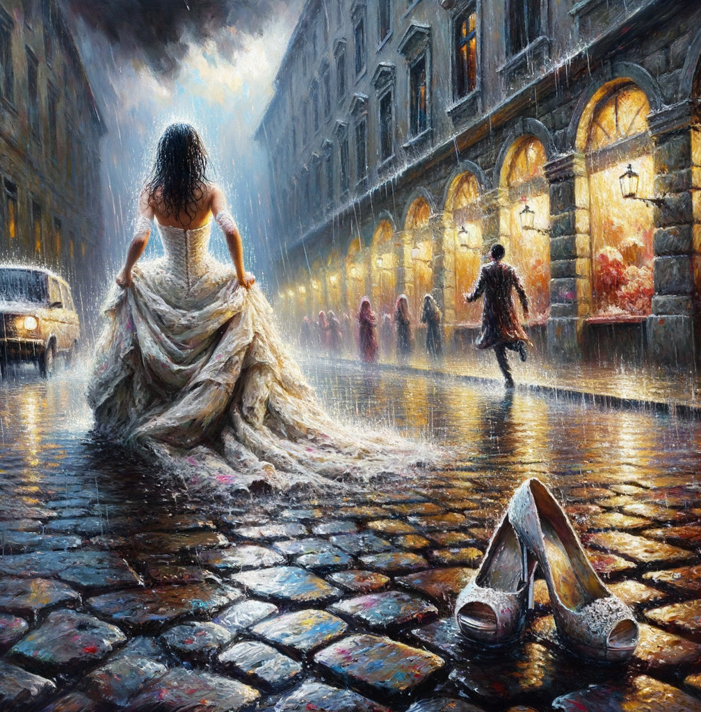 Bride in Rain on Cobblestone Street with Abandoned Heels