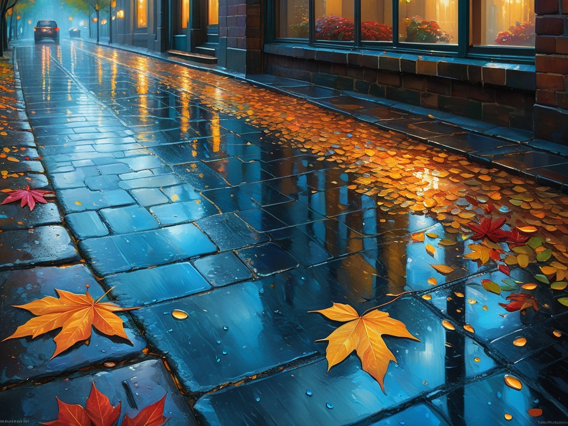Tranquil Dusk Street Scene with Autumn Leaves