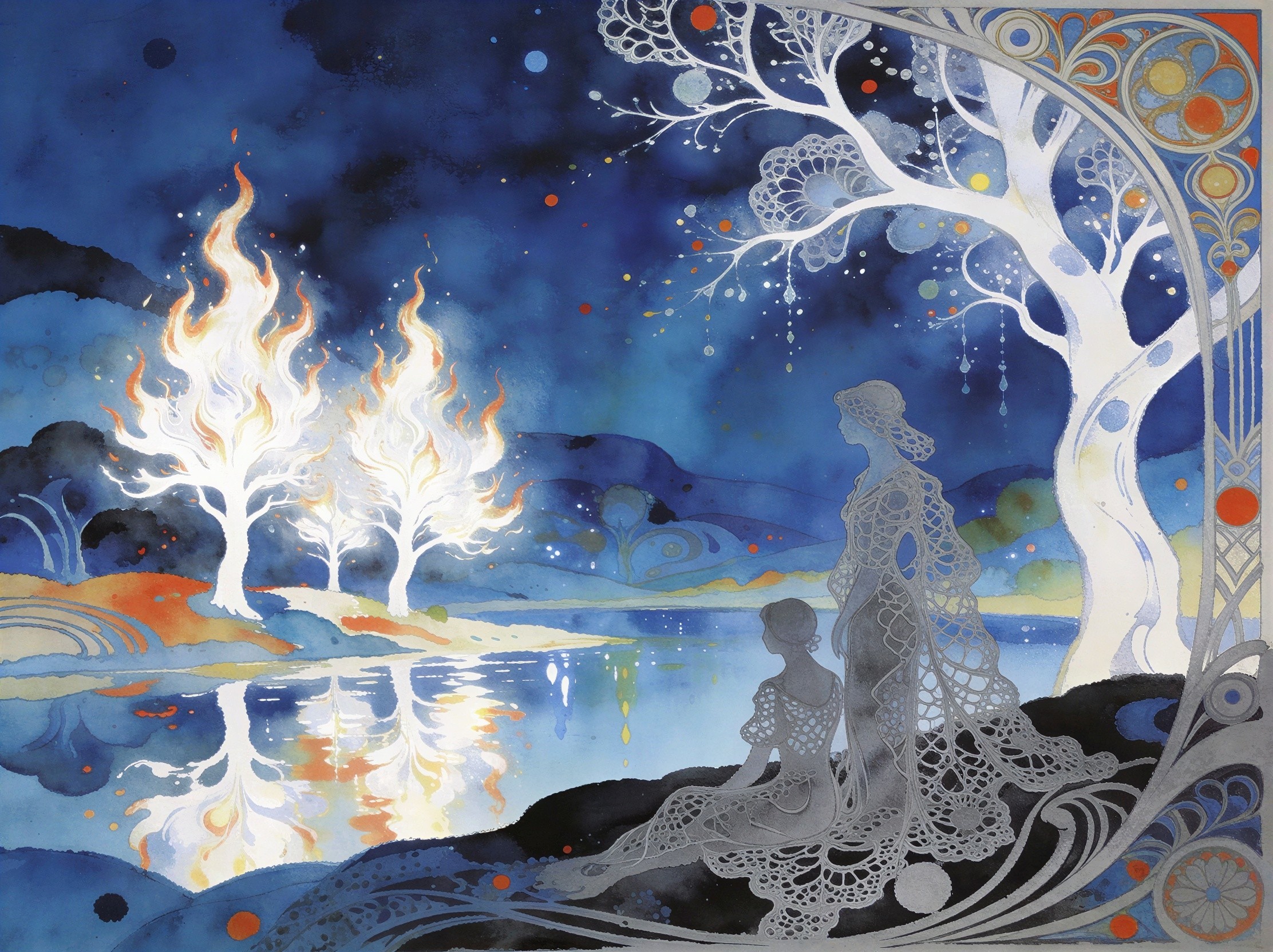 Women in Lacy Dresses by Starry Lake Scene