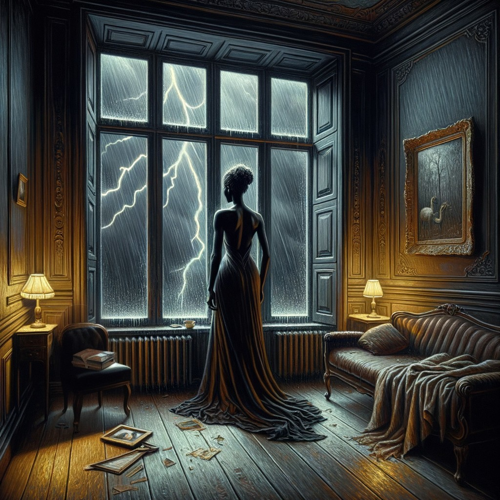 Elegant Woman in Black Gown by Stormy Window