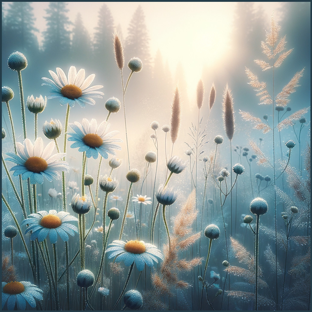 Tranquil Meadow with Wildflowers and Misty Sky