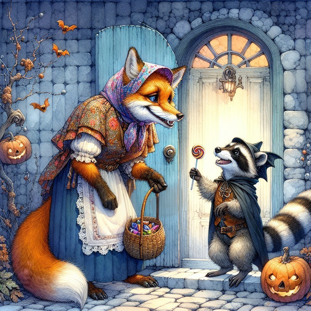Whimsical Halloween Scene with Fox and Raccoon