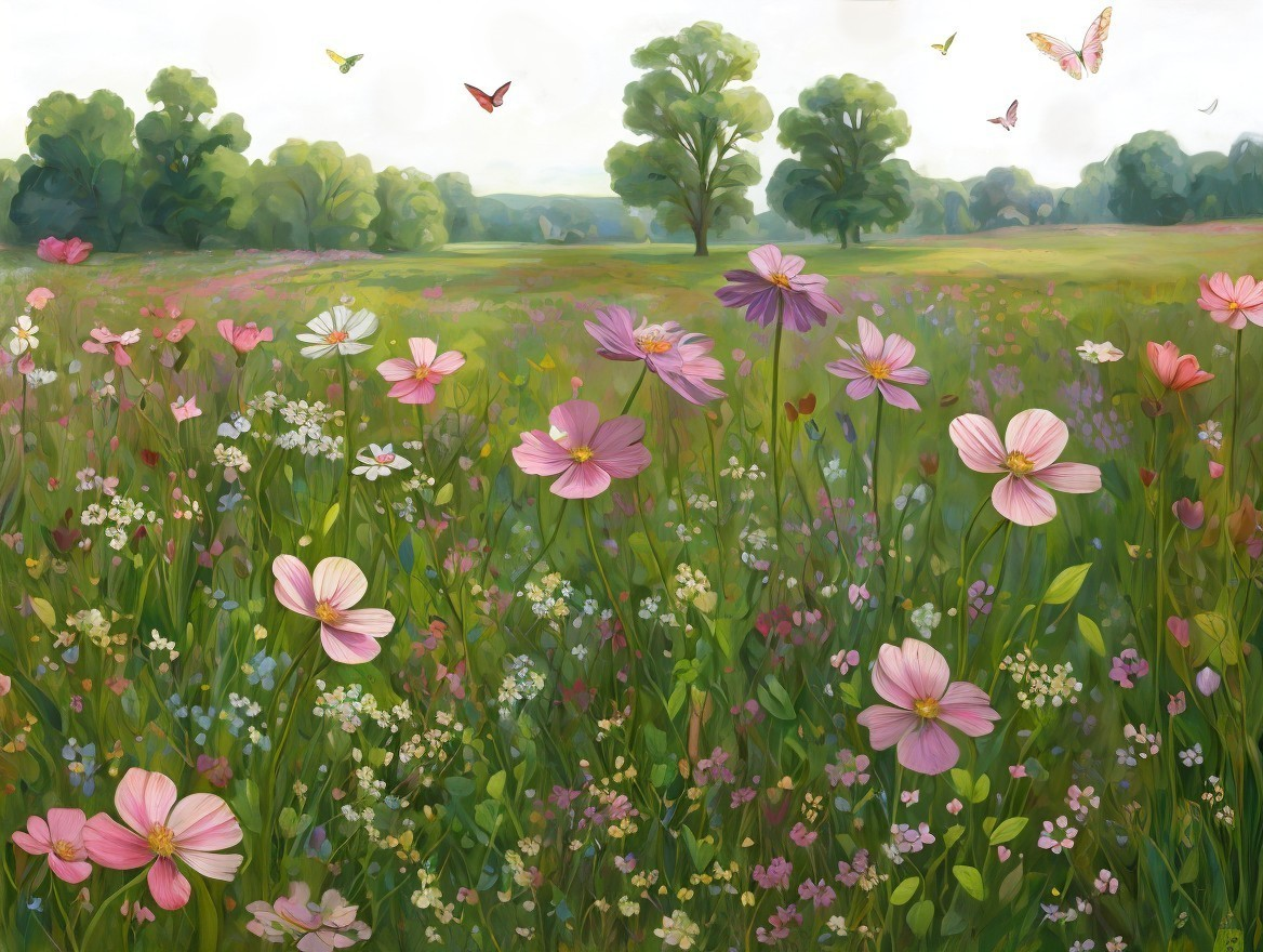 Colorful Flower Field with Butterflies and Trees