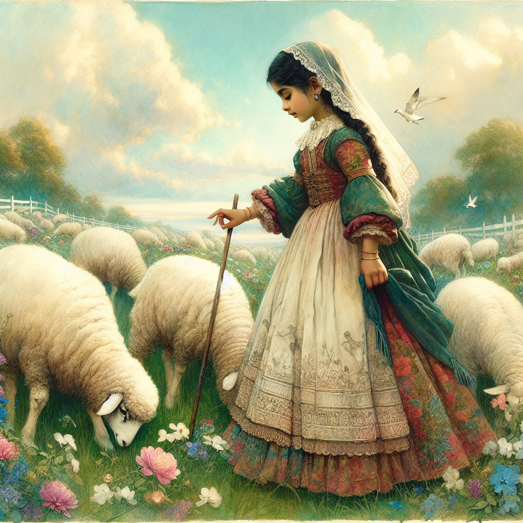 Young girl in traditional dress in pastoral landscape
